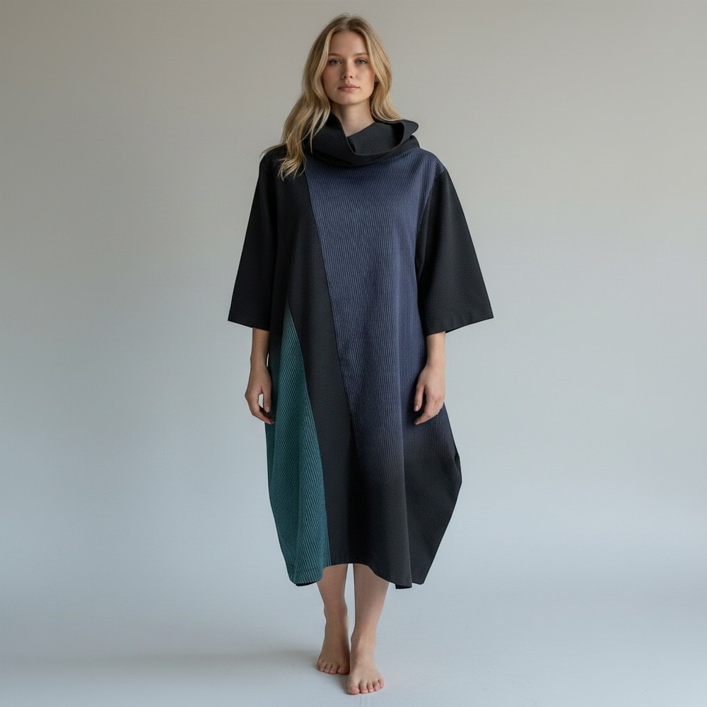 Steve Sells Studio Dress Women 6-8 Black Navy Teal Excellent Colorblock Cowl